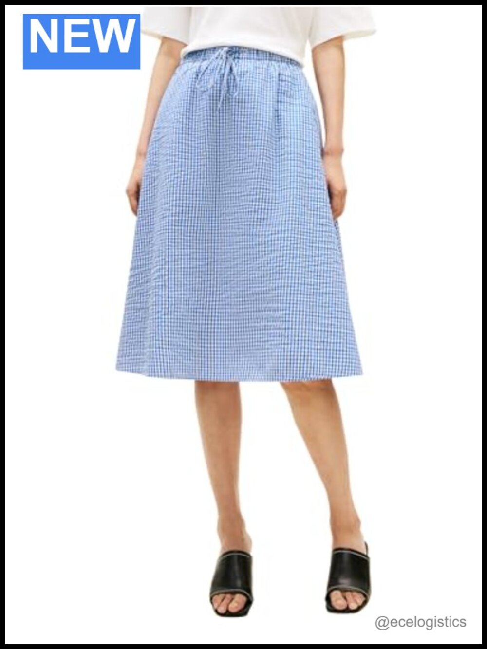 Cotton Gingham Knee-Length Skirt with Elastic Waist and Pockets